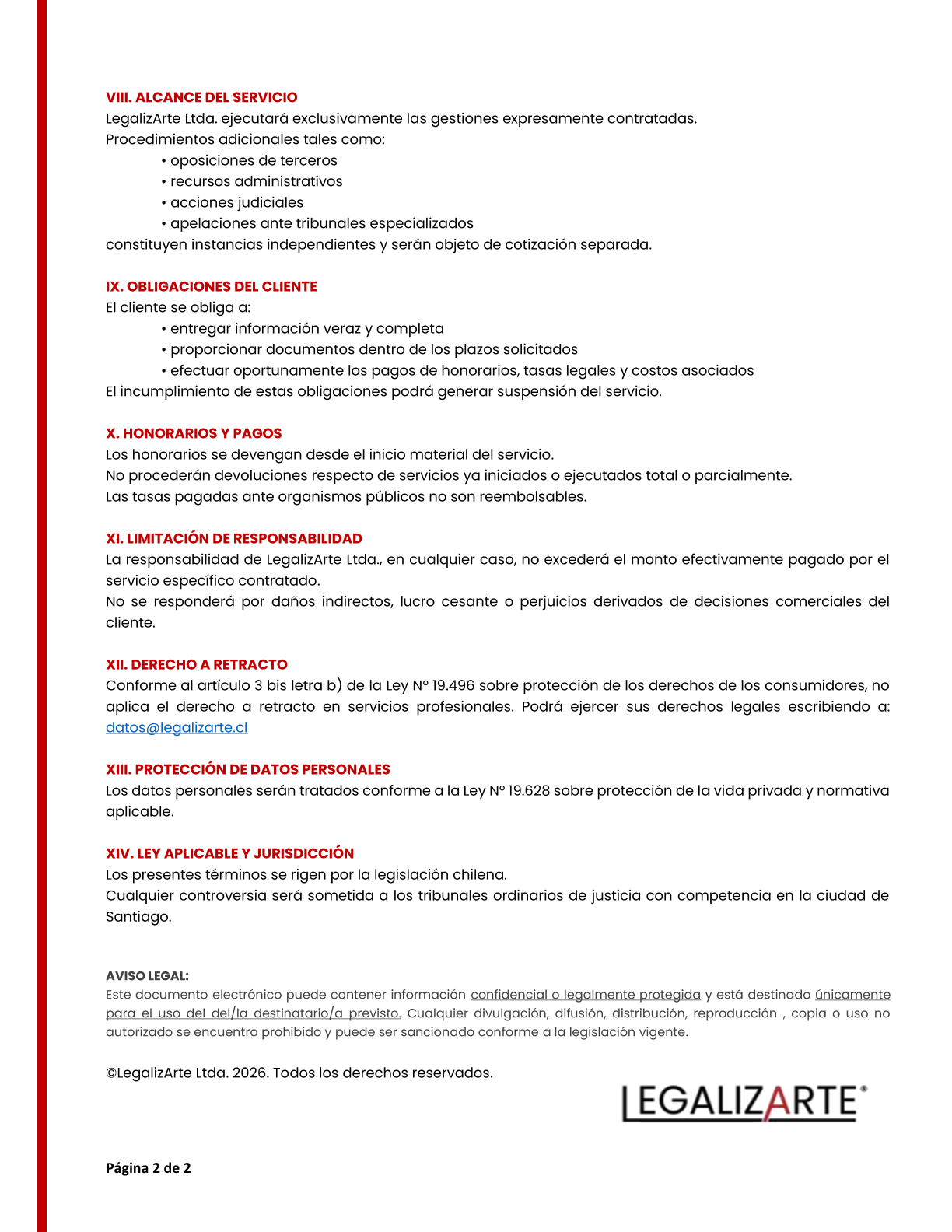Términos y condiciones del servicio pag 2 de 2